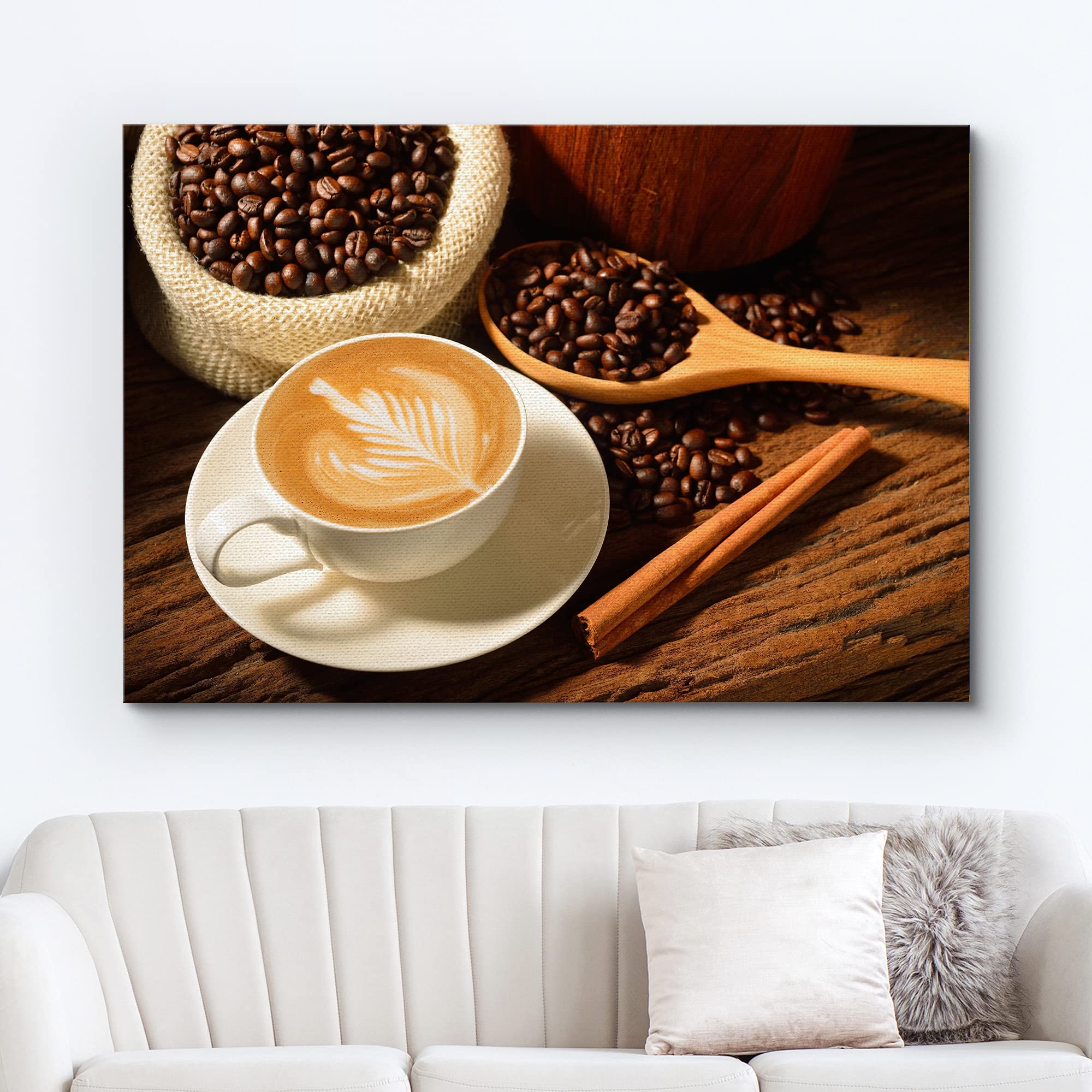 Canvas Prints Wall Art - A Cup Of Cafe Latte And Coffee Beans | Modern Wall Decor/Home Art Stretched Gallery Canvas Wraps Giclee